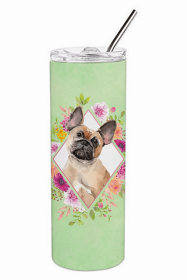 French Bulldog - Fawn 1 - Green Flowers Double Walled Stainless Steel Travel Mug