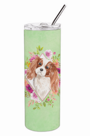 Cavalier King Charles Spaniel - Blenheim - Green Flowers Double Walled Stainless Steel Travel Mug