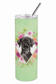 Labrador Retriever - Black - Green Flowers Double Walled Stainless Steel Travel Mug