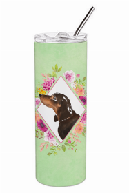 Dachshund - Black and Tan - Green Flowers Double Walled Stainless Steel Travel Mug