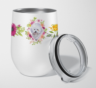Bichon Frise #2 Pink Flowers Stainless Steel Wine Glass