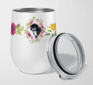 Newfoundland - Puppy - Pink Flowers Stainless Steel Wine Glass