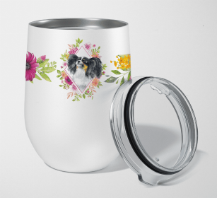 Papillon Pink Flowers Stainless Steel Wine Glass