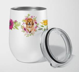 Mastiff - Tibetan - Puppy - Pink Flowers Stainless Steel Wine Glass