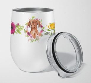 Vizsla Pink Flowers Stainless Steel Wine Glass