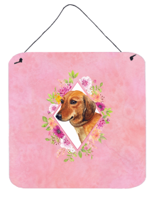 Dachshund - Red #1 - Flowers Design Wall or Door Hanging Prints