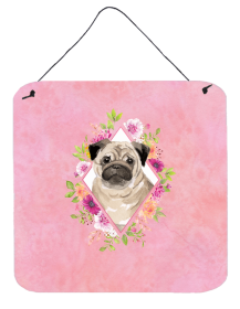 Pug - Fawn 1 - Flowers Design Wall or Door Hanging Prints