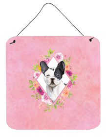 French Bulldog - Black and White - Flowers Design Wall or Door Hanging Prints