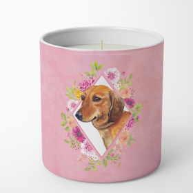 Dachshund - Red #1 - Pink Flowers Decorative Soy Candle