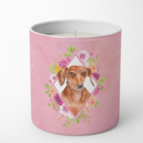 Dachshund - Red #2 - Pink Flowers Decorative Soy Candle