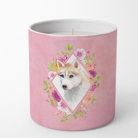 Siberian Husky - Red - Pink Flowers Decorative Soy Candle