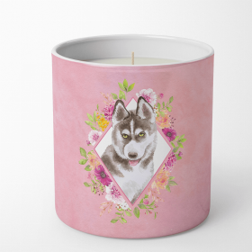 Siberian Husky #2 Pink Flowers Decorative Soy Candle