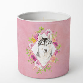 Siberian Husky Pink Flowers Decorative Soy Candle