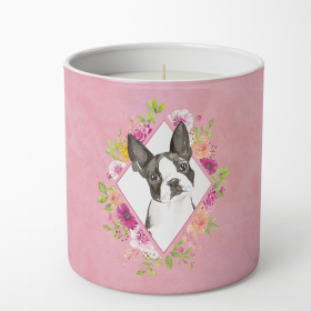 Boston Terrier Pink Flowers Decorative Soy Candle