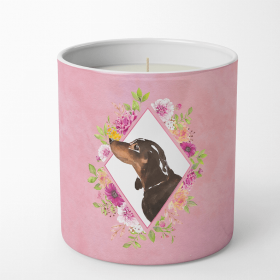 Dachshund - Black and Tan - Pink Flowers Decorative Soy Candle