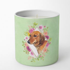 Dachshund - Red #1 - Green Flowers Decorative Soy Candle