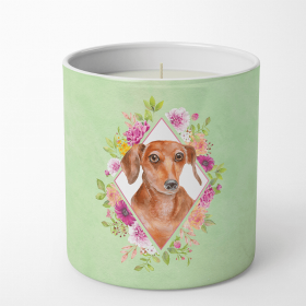 Dachshund - Red #2 - Green Flowers Decorative Soy Candle