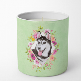 Siberian Husky #1 Green Flowers Decorative Soy Candle