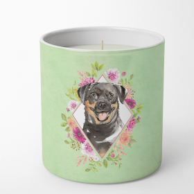 Rottweiler Green Flowers Decorative Soy Candle
