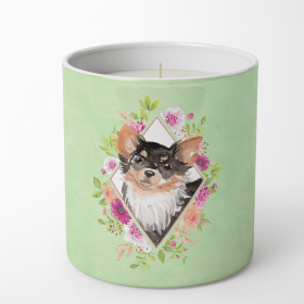 Chihuahua - Longhair - Black - Green Flowers 10 oz Decorative Soy Candle