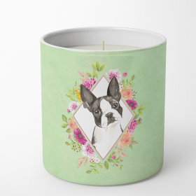 Boston Terrier Green Flowers Decorative Soy Candle