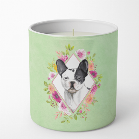 French Bulldog - Black and White - Green Flowers Decorative Soy Candle