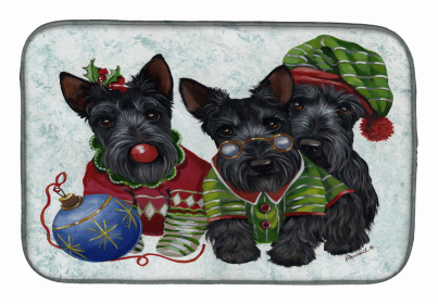 Scottish Terrier Christmas Elves Art Dish Drying Mat