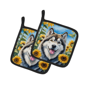 Alaskan Malamute 6005 In Sunflowers Pair of Potholders