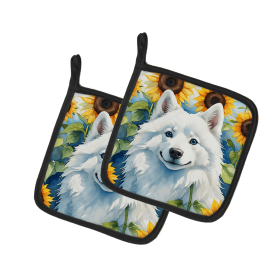 American Eskimo 6008 In Sunflowers Pair of Potholders