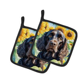 American Water Spaniel 6011 In Sunflowers Pair of Potholders
