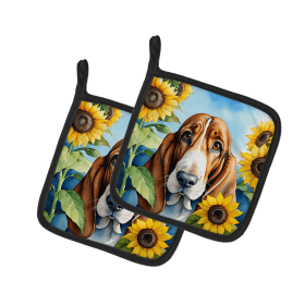 Basset Hound 6017 In Sunflowers Pair of Potholders
