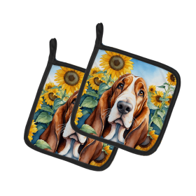Basset Hound 6018 In Sunflowers Pair of Potholders