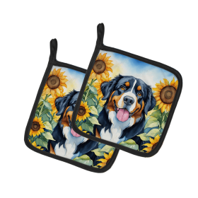 Bernese Mountain Dog 6026 In Sunflowers Pair of Potholders