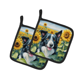 Border Collie 6031 In Sunflowers Pair of Potholders