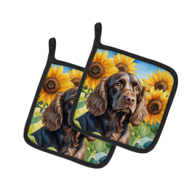 Boykin Spaniel 6039 In Sunflowers Pair of Potholders