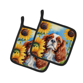Cavalier King Charles Spaniel 6047 In Sunflowers Pair of Potholders