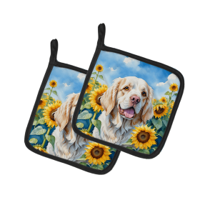 Clumber Spaniel 6056 In Sunflowers Pair of Potholders