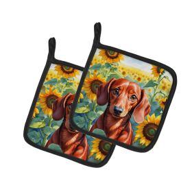 Dachshund 6065 In Sunflowers Pair of Potholders