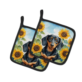 Dachshund 6066 In Sunflowers Pair of Potholders
