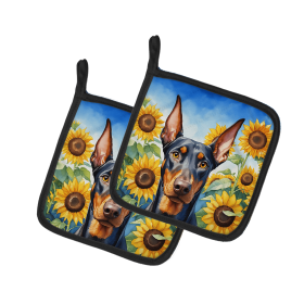 Doberman 6068 In Sunflowers Pair of Potholders
