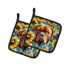 Dogue de Bordeaux 6069 In Sunflowers Pair of Potholders