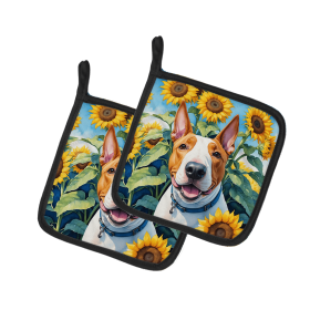 Bull Terrier 6070 In Sunflowers Pair of Potholders