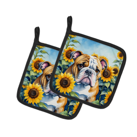 English Bulldog 6072 In Sunflowers Pair of Potholders