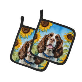 English Springer Spaniel 6076 In Sunflowers Pair of Potholders