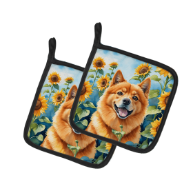 Finnish Spitz 6077 In Sunflowers Pair of Potholders