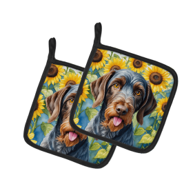 German Wirehaired Pointer 6086 In Sunflowers Pair of Potholders