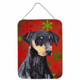 Doberman Red and Green Snowflakes Holiday Christmas Design Wall or Door Hanging Prints