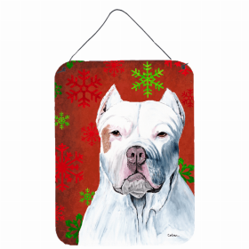 Pit Bull Terrier Red and Green Snowflakes Holiday Christmas Design Wall or Door Hanging Prints