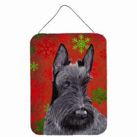 Scottish Terrier Red and Green Snowflakes Holiday Christmas Design Wall or Door Hanging Prints