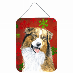 Australian Shepherd #2 Red and Green Snowflakes Holiday Christmas Design Wall or Door Hanging Prints